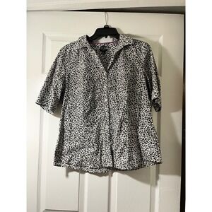 Talbots Petites Leopard Print Button Down Shirt Grey Black Wrinkle Resistant 16P